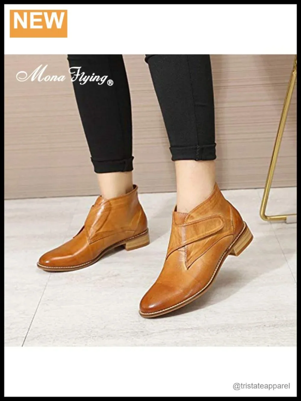 Women's Handmade Leather Ankle Boots Low Heel Velcro Closure